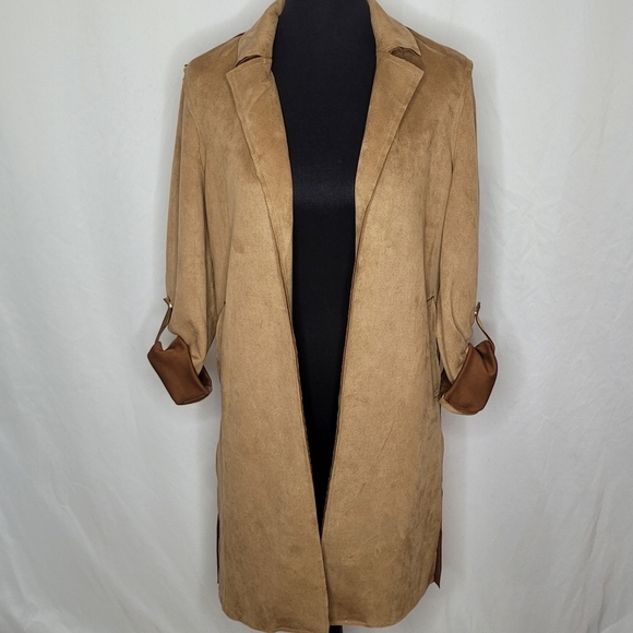 Tahari Cognac Faux Leather Open Front Roll-Tab Sleeve Long Blazer/Jacket - Sz XS - Picture 7 of 15